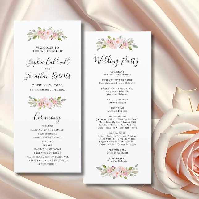 Programme Élégant Mariage de calligraphie rose Roses (Elegant Pink Roses Custom Wedding Program)