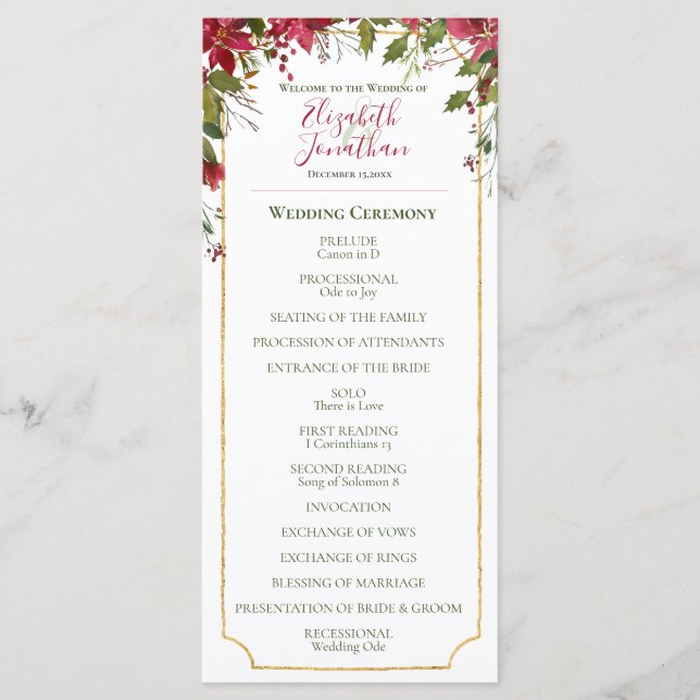 Programme Élégant Mariage de Noël Floral Rouge Poinsettia (Devant)