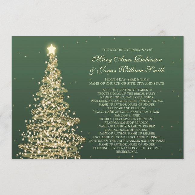 Programme Élégant Mariage de Noël Vert Or (Devant)