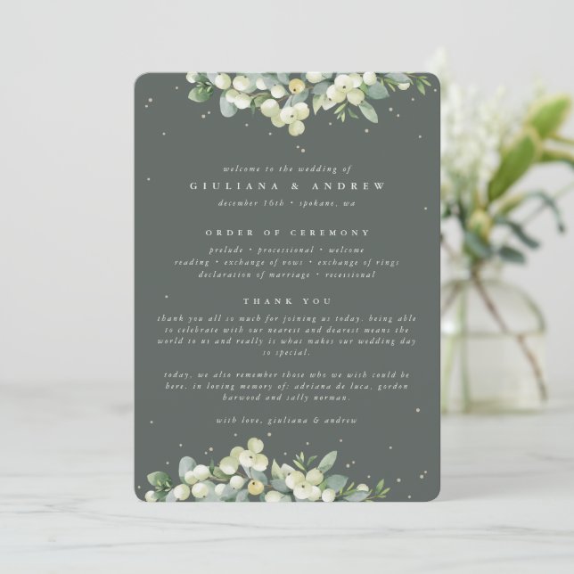 Programme Elégant Mariage d'hiver Eucalyptus & Snowberry Ver (Debout devant)