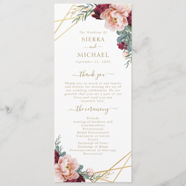 Programme Élégant Mariage d'or floral bordeaux (Devant)