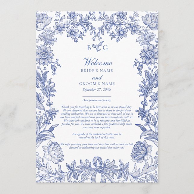 Programme Élégant Mariage Floral Bleu Français (Devant)