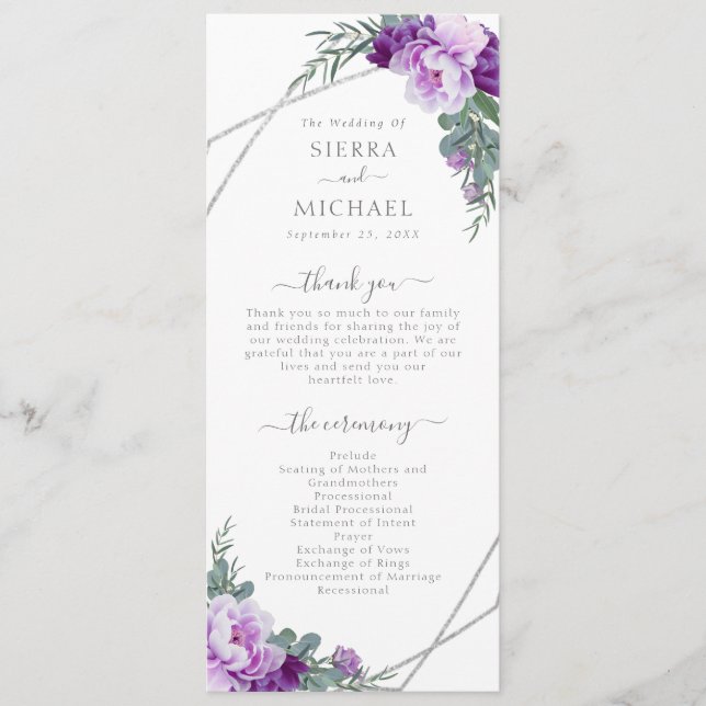 Programme Élégant Mariage Floral moderne violet et argent (Devant)