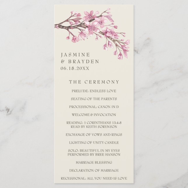 Programme Élégant Mariage floral rose fleur de cerisier (Devant)