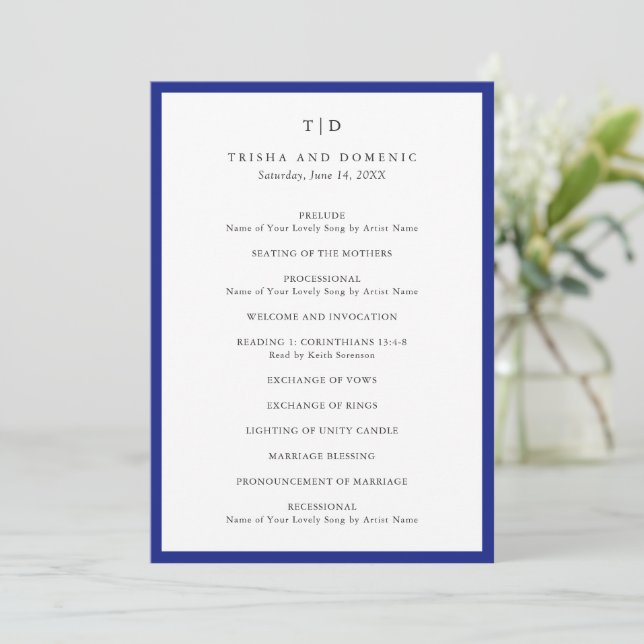 Programme Élégant Mariage Moderne Monogramme Bleu Royal (Debout devant)