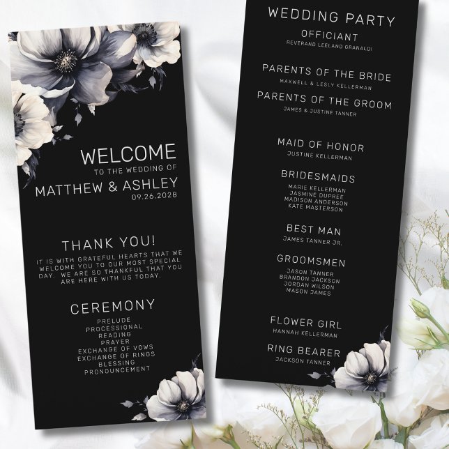 Programme Élégant Mariage moderne noir floral (Elegant Modern Floral White Black Wedding Program)