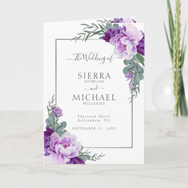 Programme Élégant Mariage plié floral violet et argenté (Devant)