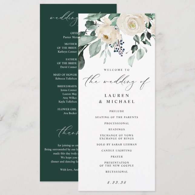 Programme Élégant Mariage Vert Feuillage Blanc Floral Prog (Devant / Derrière)