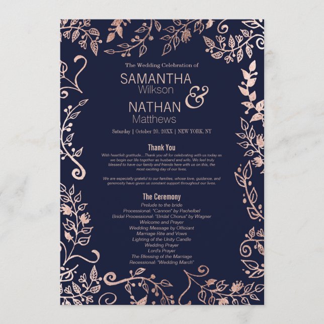 Programme Élégant Marine Rose bleu Gold Floral Wedding Progr (Devant)