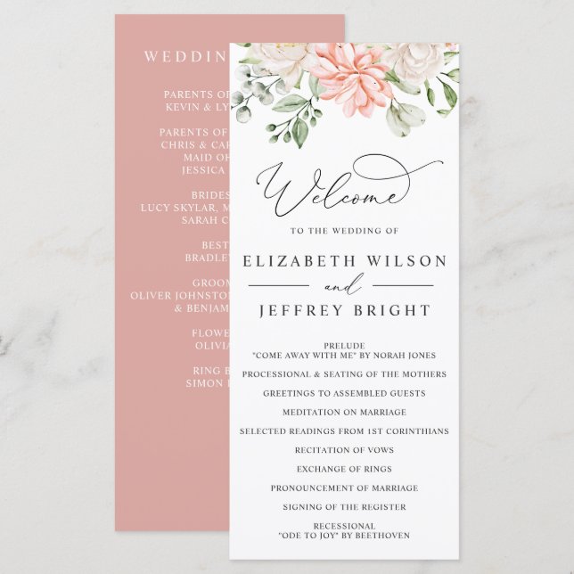 Programme Elegant Modern Botanical Blush Pink Floral Wedding (Devant / Derrière)