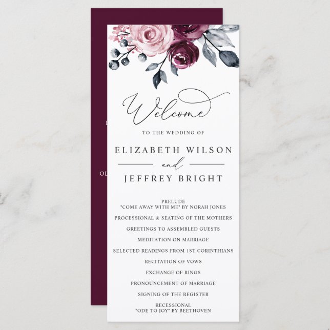 Programme Elegant Modern Botanical Burgundy Floral Wedding (Devant / Derrière)
