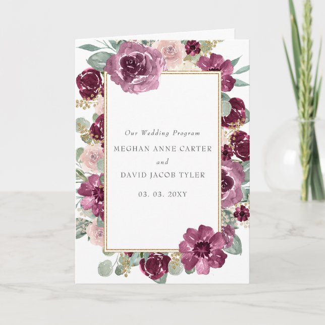 Programme Élégant moderne Plum or Botanique Mariage floral (Devant)