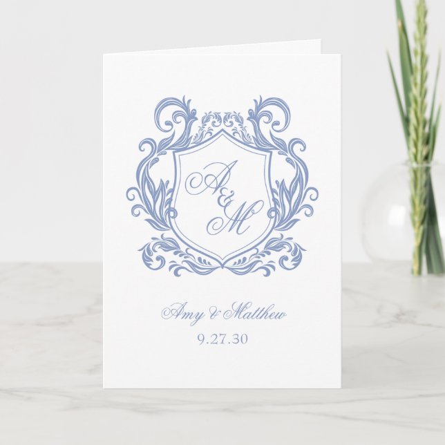 Programme Élégant Monogramme Dusty Blue Crest Mariage (Devant)