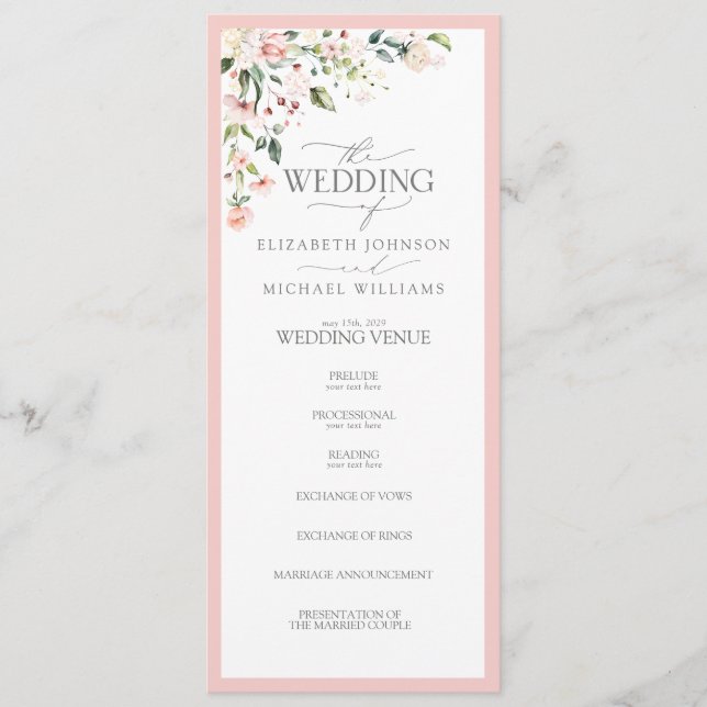 Programme Elégant Peach Rose Aquarelle Mariage Floral (Devant)
