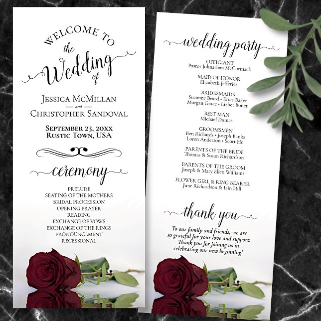 Programme Élégant Rose Bourgogne Simple Mariage romantique (Front and Back)
