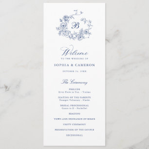 Programme Élégant Rose Floral Wreath Blue Monogram Mariage