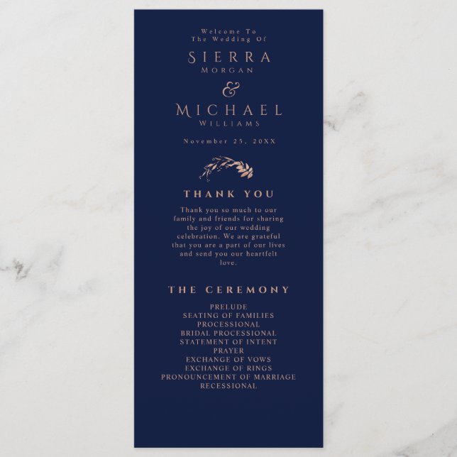 Programme Élégant Rose Gold Foliage Marine Mariage bleu (Devant)