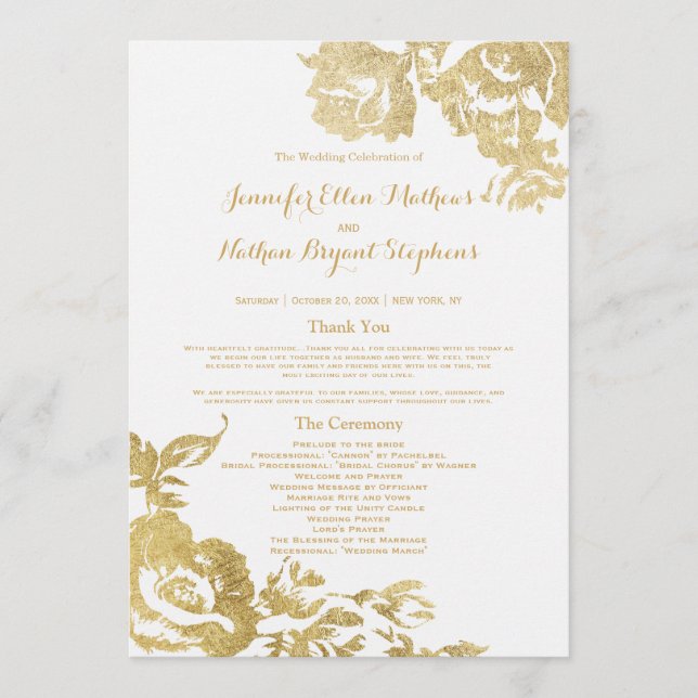 Programme Élégant Rose moderne simple Floral Mariage or (Devant)