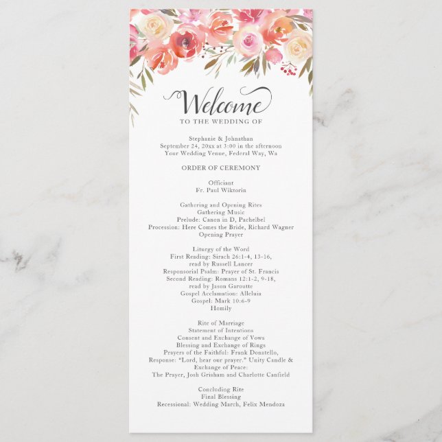 Programme Élégant rose Peach Floral Mariage (Devant)