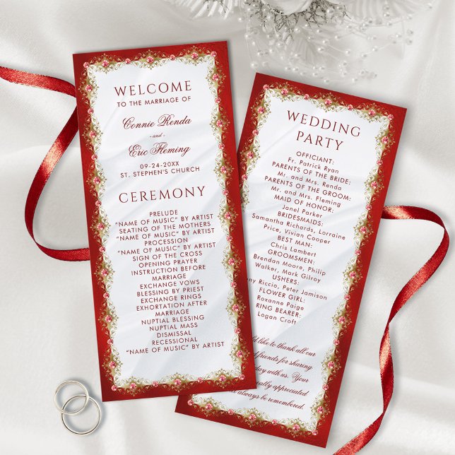Programme Élégant Script Red White Gold Filigree Mariage (Créateur téléchargé)
