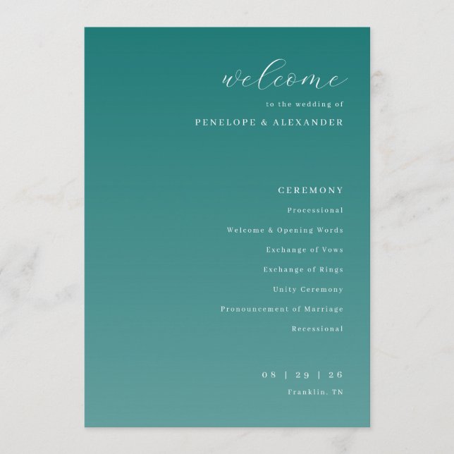 Programme Elegant Teal Wedding Ceremony Program (Devant)