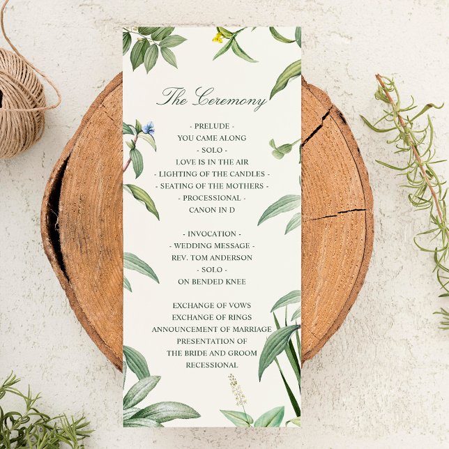 Programme Élégant Vert & Blanc Botanique Feuille Mariage (Menu Mock-up)