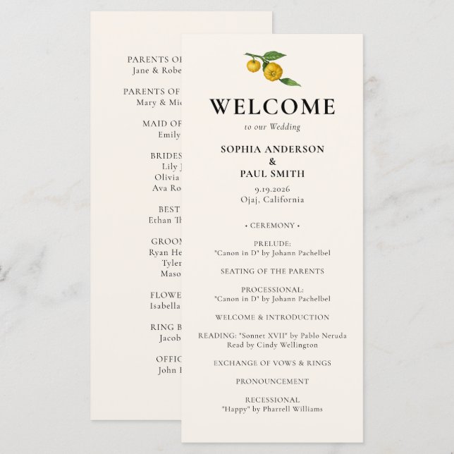 Programme Élégant Vintage Citrus Lemon Mariage d'été (Devant / Derrière)