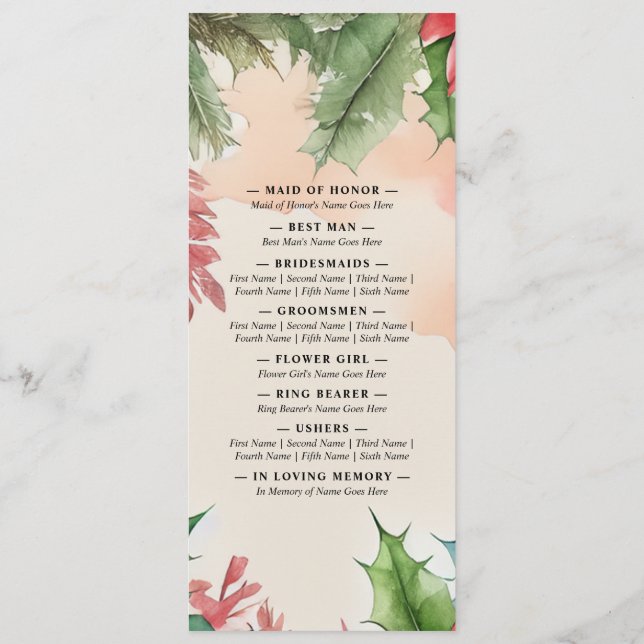 Programme Elégante aquarelle Mariage de couronne de Noël (Dos)