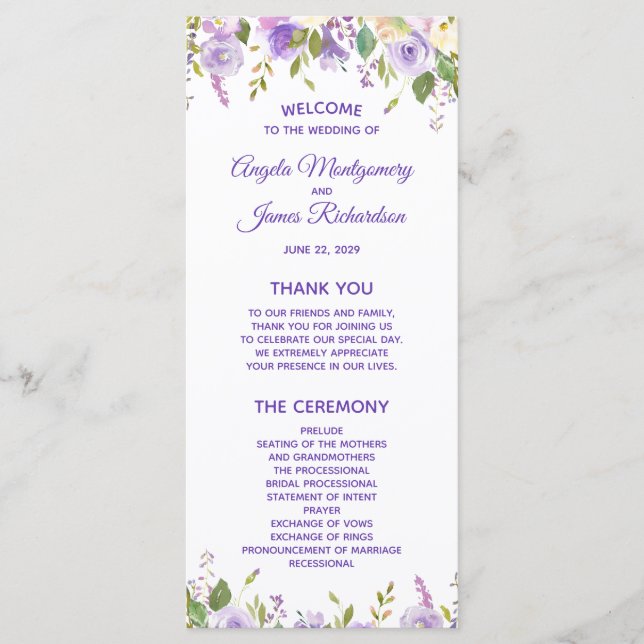 Programme Elégante Aquarelle violette Florale Mariage Cérémo (Devant)