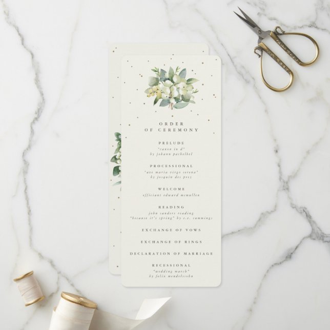 Programme Elégante crème Snowberry+Eucalyptus Bouquet Mariag (Devant/Arrière en situation)