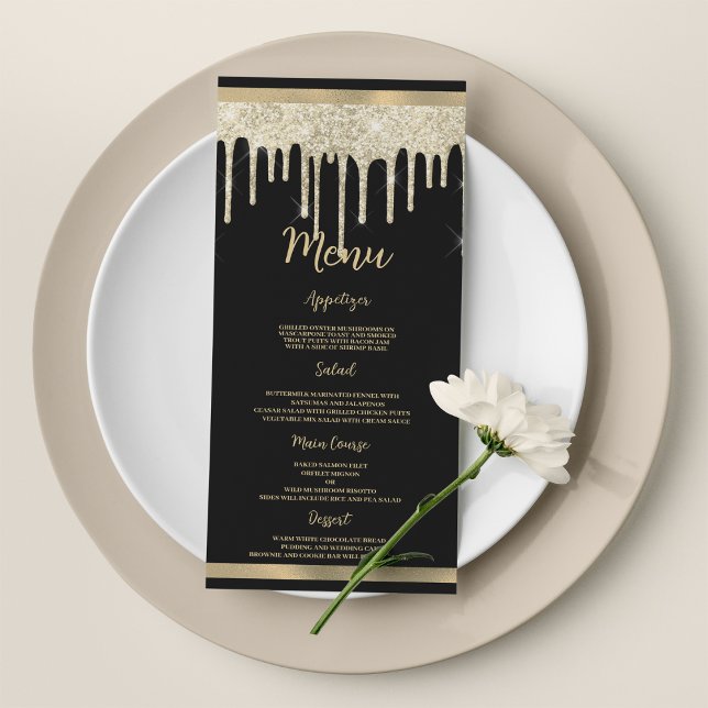 Programme Elégante parties scintillant d'or noir gouttes Mar (Elegant black gold glitter drips Wedding Menu)
