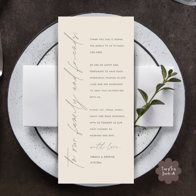 Programme Elégante réception de mariage pour les clients (Elegant Wedding Reception Thank You Card for Guest Dinner Dancing in Cream Grey)