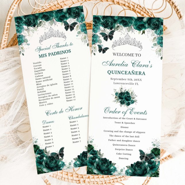 Programme Emerald Green Floral Quinceañera Ordre des événeme (Créateur téléchargé)