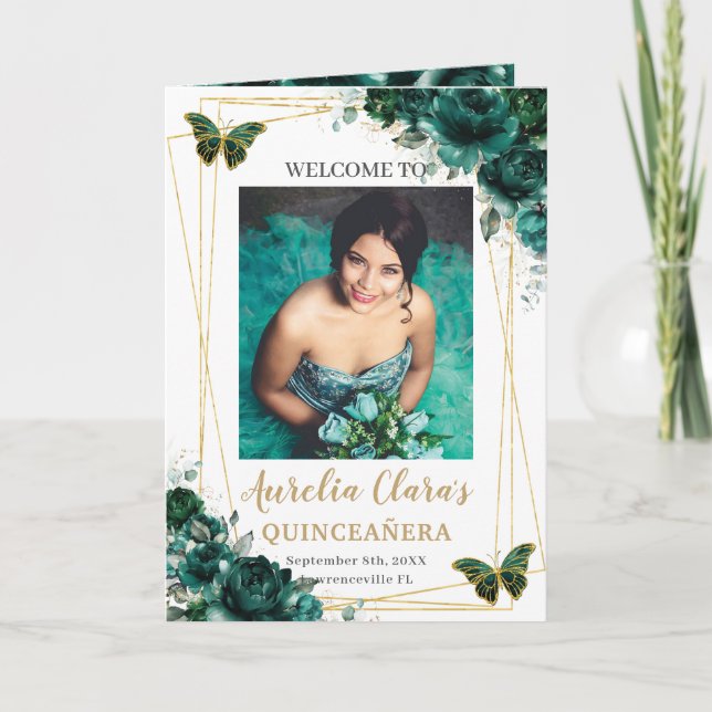 Programme Emerald Green Quinceanera Photo Padrinos (Devant)