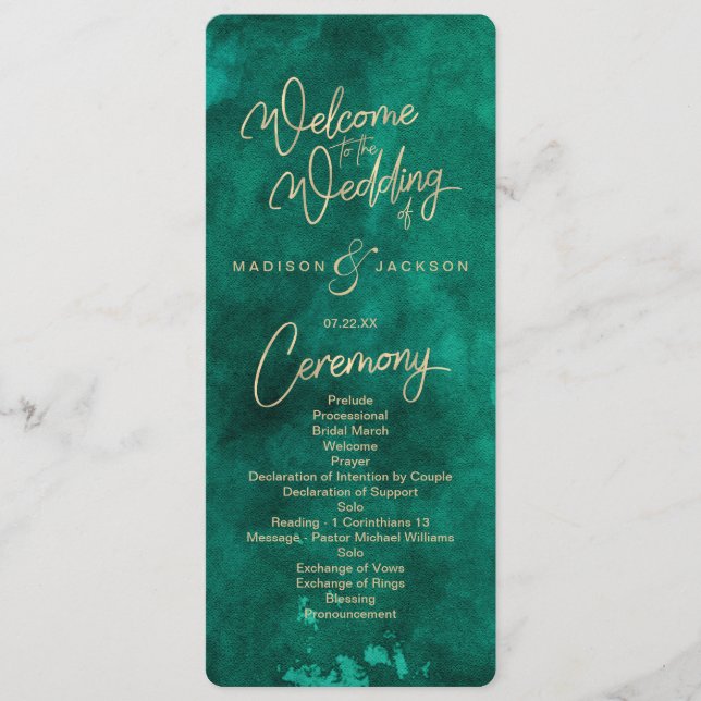 Programme Emerald Green Watercolor & Gold Wedding Program (Devant)