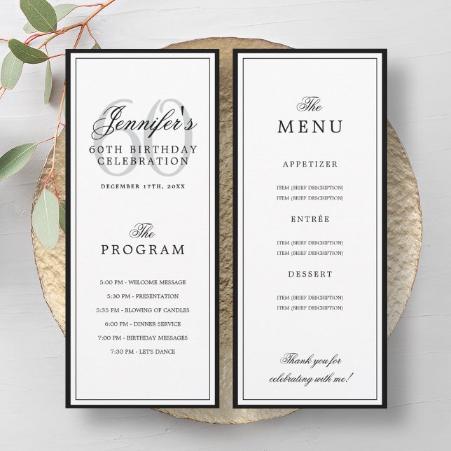 Programme et menu de fête d'anniversaire élégant p (Elegant 60th Birthday Party Program + Menu)