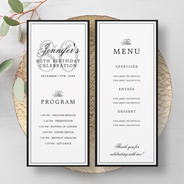 Programme et menu de fête d'anniversaire élégant p (Elegant 80th Birthday Party Program + Menu )