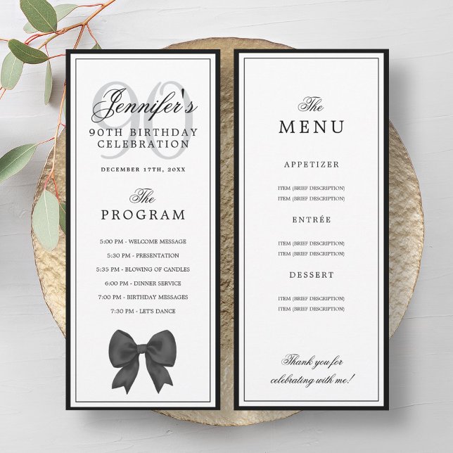 Programme et menu élégant pour les 90 ans avec un  (Elegant Black Bow 90th Birthday Program + Menu )