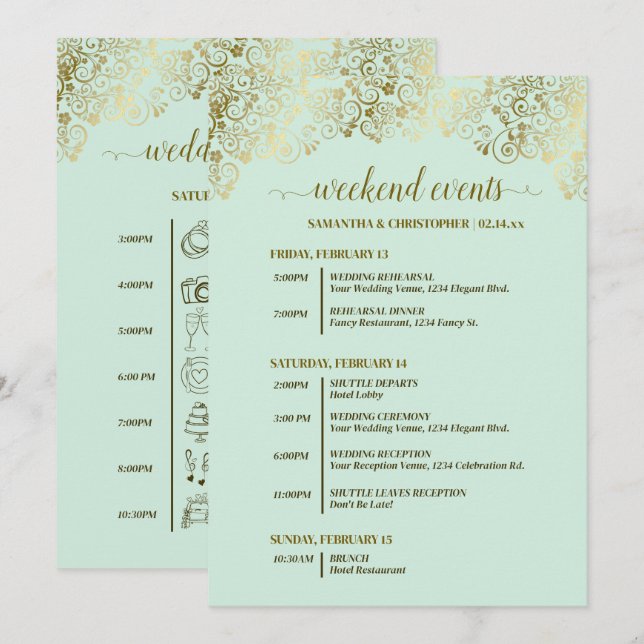 Programme Événements de mariage et calendrier ornés de vert  (Devant / Derrière)
