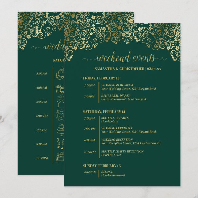 Programme Événements de mariage et timeline Vert émeraude et (Devant / Derrière)