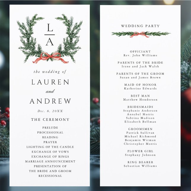 Programme Evergreen Pine Wreath Wedding Ceremony Program (Front & Back)