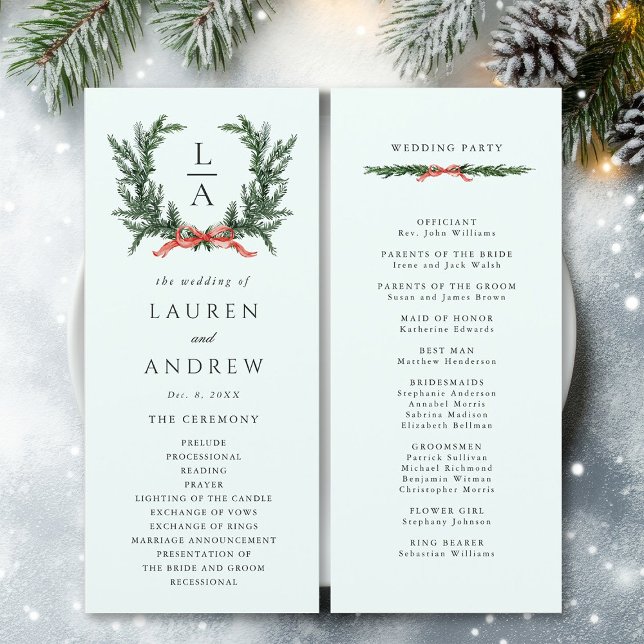 Programme Evergreen Pine Wreath Wedding Mint Green Ceremony  (Front & Back)