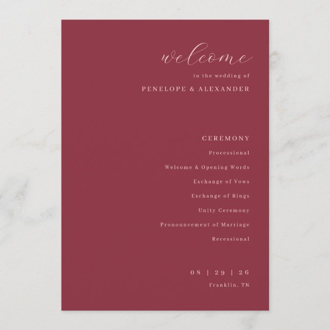 Programme Exquisite Maroon Calligraphy Wedding Ceremony (Devant)