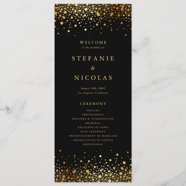 Programme Faux Gold Foil Confetti Dots Mariage noir (Devant)