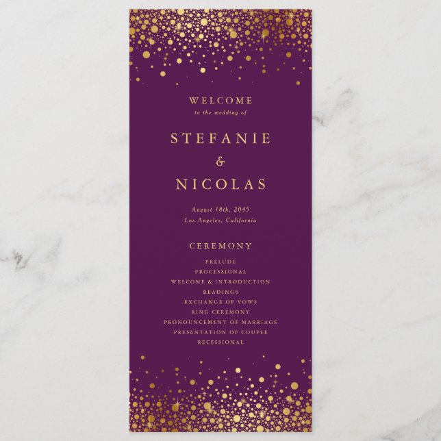 Programme Faux Gold Foil Confetti Dots Purple Mariage (Devant)