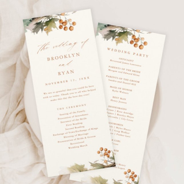 Programme Feuillage de verdure automnale rustique pour maria (A Rustic Wedding Program with Elegant Watercolor Autumn Greenery Leaves and Foliage.)