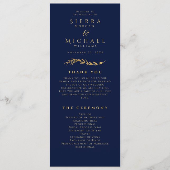 Programme Feuillage doré | Elegant Mariage bleu or de marine (Devant)
