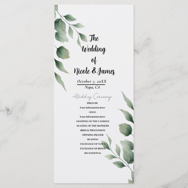 Programme Feuillage minimal de verdure mariage blanc moderne (Devant)