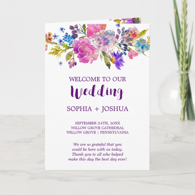 Programme Fleurs d'aquarelle violet et rose Mariage plié (Devant)