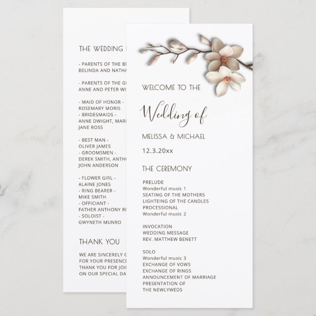 Programme Fleurs de magnolia 3D pour mariage (Devant / Derrière)